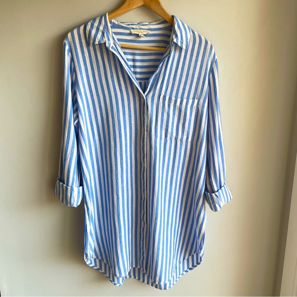 Flint & Moss M Striped Linen Blend Long Button Down Shirt Tunic Coastal Grandma - Picture 3 of 12